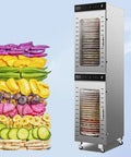 Heavy Duty 40 Tray Food Dehydrator With A Rock Solid 2400W Motor and colorful dried fruits and veggies displayed beside.