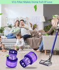 Family in living room with cordless vacuum V11 Torque Drive and 4 Pack V11 Torque Drive Replacement Vacuum Filters on floor.
