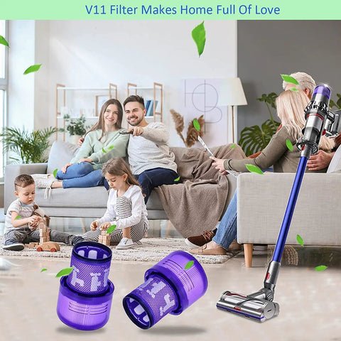 Family in living room with cordless vacuum V11 Torque Drive and 4 Pack V11 Torque Drive Replacement Vacuum Filters on floor.