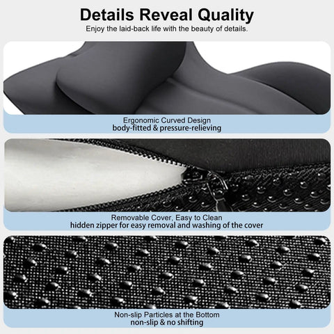 Close-up of 27 Degree Ergonomic Memory Foam Prone Pillow, ergonomic curved design, removable cover, non-slip bottom details