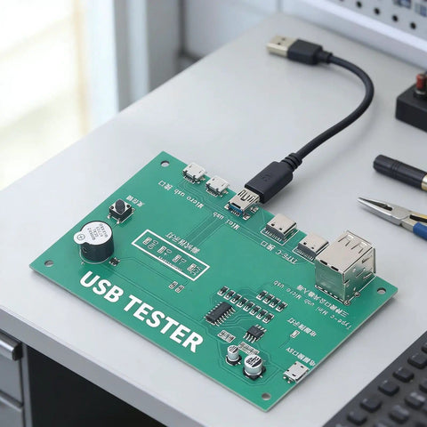 3 In 1 Cable Tester Module With Type C, Mini USB, And Micro USB Ports, PCB Material, on a table with testing tools