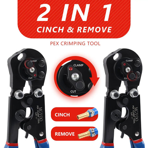 Cinch And Remove Dual Function Pex Crimp Tool With Ratchet Pex Pipe Crimper showing crimping and clamping features