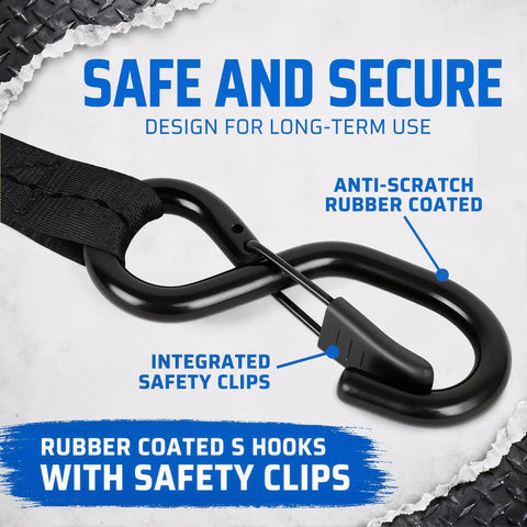 Tough As Nails Retractable Ratchet Straps 4 Pack Heavy Duty Tie Down Cords featuring rubber coated S hooks and safety clips.