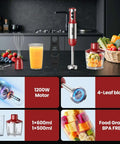 Heavy Duty Immersion Blender Handheld 20 Speed 5 In 1 Kitchen Mixer with whisk, jars, and fruits for smoothies and soups.