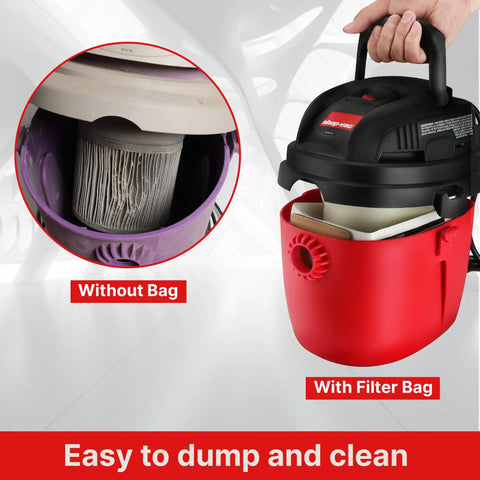 Disposable Vacuum Filter Bags For 1 To 1.5 Gallon Tanks, Dry Pick Up Only, White, 3 Pack installed in a red vacuum, before and after