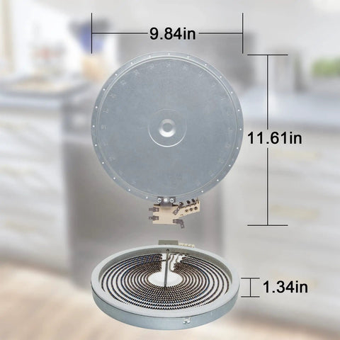 Upgraded 9 Inch Dual Radiant Surface Element Replacement for Electric Stoves and Oven Ranges with dimensions displayed