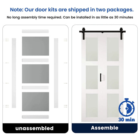 White Frosted Glass Bifold Barn Door 48x84 Inches with Hardware Kit Included Pre Drilled Holes for Easy DIY Assembly