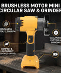 Badass 3 Inch Cordless Circular Saw And Versatile Mini Angle Grinder With Beefy Brushless Motor Cranks Out 12000 RPM shown on workbench.