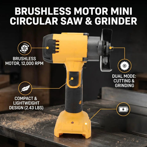 Handheld Brushless 3 Inch Cordless Mini Circular Saw And Angle Grinder With Slick Dual Mode Swap And Adjustable Depth showing lightweight design.