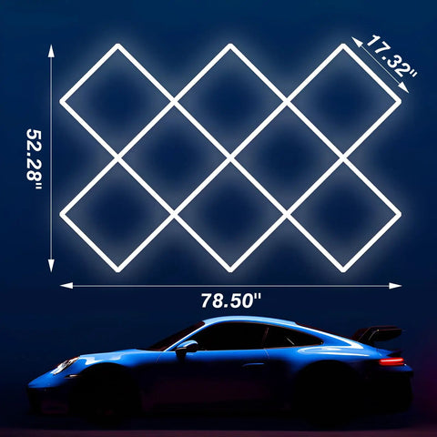 8 Hex Diamond LED Garage Light Ultra Bright 20400 Lumens 6500K Natural White above car, showing dimensions 52.28" x 17.32"