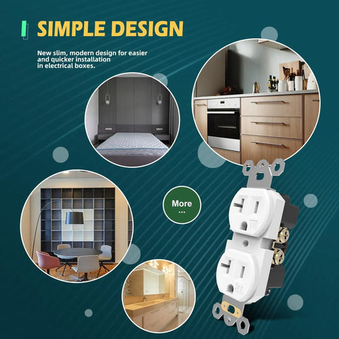 10 Pack Duplex Wall Receptacles 20A Tamper Resistant Outlets For Home Or Business Use displayed with kitchen and office settings