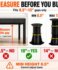 Image showing height measurement for Rock Solid 4 Pack Adjustable Bed Support Legs 8.5 To 13 Inch; stability guidelines included.
