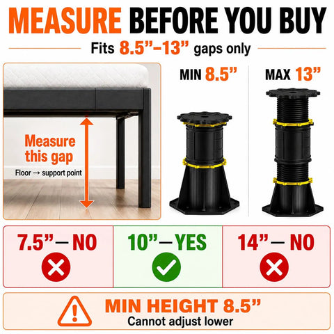 Image showing height measurement for Rock Solid 4 Pack Adjustable Bed Support Legs 8.5 To 13 Inch; stability guidelines included.