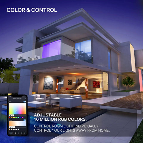 Modern home with Smart RGB LED Ceiling Light 12 Inch Flush Mount 24W With WiFi and Voice Control for Alexa shown via app on phone.