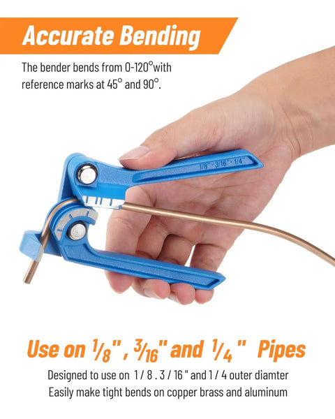 Copper Coated Brake Line Kit With Tube Bender shown bending a pipe accurately 45° and 90° with hand operation.