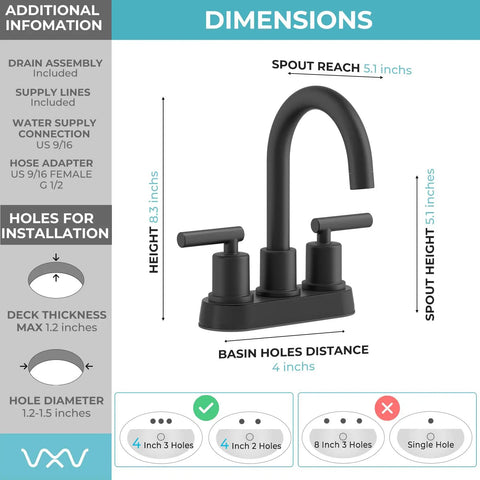 Diagram of 4 Inch Centerset Bathroom Faucet With Two Handles, No Leak Modern Black Lavatory Vanity Faucet