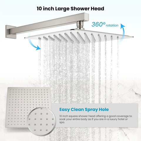 Rainfall Shower Faucet Set System With 10 Inch Rain Shower Head All Metal Brushed Nickel Wall Mounted Trim Kit Single Handle Bathroom Mixer Rough In Valve Female Thread Complete Shower Combo showing water spray and 360-degree rotation feature.