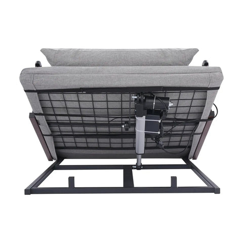Electric Power Lifting Bed Back Rest rear view showing gray upholstery, mechanism and frame supporting up to 661 pounds.
