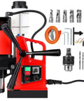 Beefy 1400W Magnetic Drill Press With 6 Drill Bits For Metal, shown with accessories, red body, industrial use, 810 RPM.