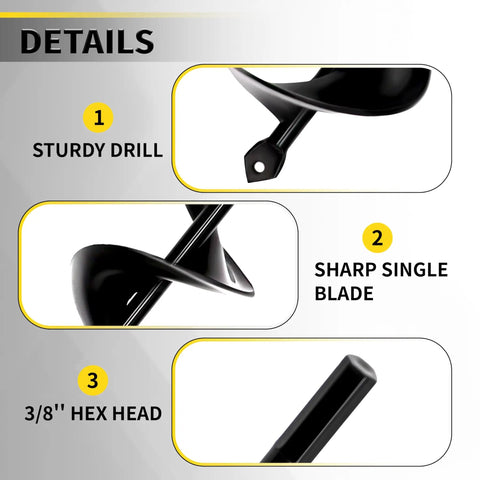 Details of auger drill bit for planting 4 x 12 inch bulb planter showing sturdy drill, sharp single blade, and 3/8'' hex head.