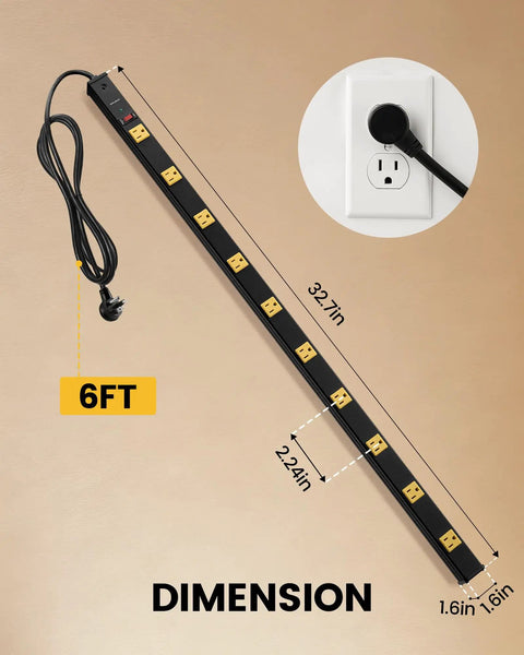 Heavy Duty Power Strip With 10 Grounded Outlets And Surge Protector with 6ft cord and outlet spacing shown in dimensions.