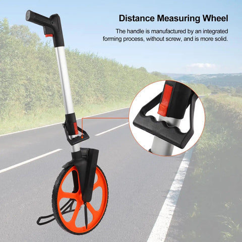 Heavy Duty Digital Measuring Wheel With Quick Brake And Tap To Reset Zero, Solid Aluminum Alloy Walking Tape Measure Roller for Land Survey in outdoor setting.