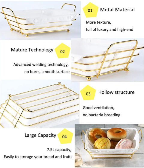 Gold Wire Serving Basket For Fruit And Bread, durable cast iron countertop tray with linen liner, large capacity, upscale design