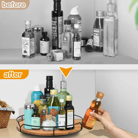Before and after kitchen organization with 9 Inch Lazy Susan Turntable Organizer In Carbonized Black Pine Wood Finish, 360 Degree Spin