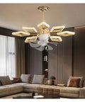 Modern Led Pendant Chandelier With Glass Accents And Remote Control Light Fixture Eight Head Prism Drop focusing on gold finish and glass accents.