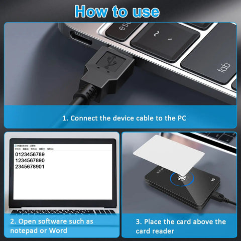 How to use Dual Frequency RFID Reader Scanner 125KHz And 13.56MHz Reads EM4100 And ISO 14443 A B NFC Cards TK4001 For Access Control HID USB No Driver Required For Home Office with computer.