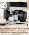 Straight Fire Coffee Station Combining An Elite Espresso Brewer With A Heavy Duty Drip Maker For Pouring Creamy Lattes Or Bold Cappuccinos Plus K Cup Pod And Fresh Ground Compatibility All Day, featuring powerful 20-bar pump and milk frother.