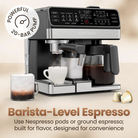 Straight Fire Coffee Station Combining An Elite Espresso Brewer With A Heavy Duty Drip Maker For Pouring Creamy Lattes Or Bold Cappuccinos Plus K Cup Pod And Fresh Ground Compatibility All Day, featuring powerful 20-bar pump and milk frother.