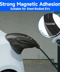 Magnetic EV Charging Port Cover Locks Tight To Shield From Nasty Winter Weather Heavy Duty Waterproof Oxford Fabric Blocks Snow Ice And Grit UV Proof For Road Warriors Everyday Black, showing strong magnetic adhesion for steel-bodied EVs.