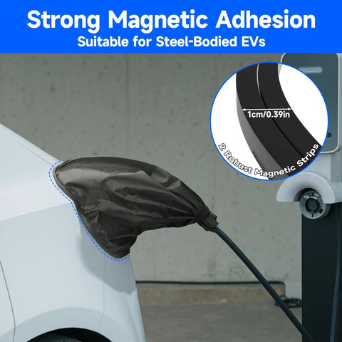 Magnetic EV Charging Port Cover Locks Tight To Shield From Nasty Winter Weather Heavy Duty Waterproof Oxford Fabric Blocks Snow Ice And Grit UV Proof For Road Warriors Everyday Black, showing strong magnetic adhesion for steel-bodied EVs.