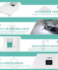 Mini Electric Sewing Machine With Extension Table And 56 Accessory Pieces, 12 Built In Stitches For Beginners features extension table, built-in light, backstitch, two-speed mode.