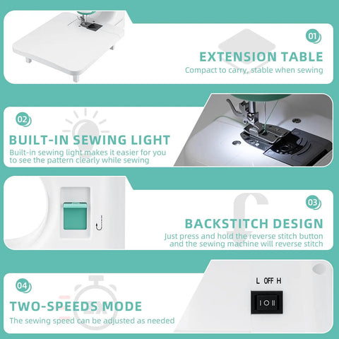 Mini Electric Sewing Machine With Extension Table And 56 Accessory Pieces, 12 Built In Stitches For Beginners features extension table, built-in light, backstitch, two-speed mode.