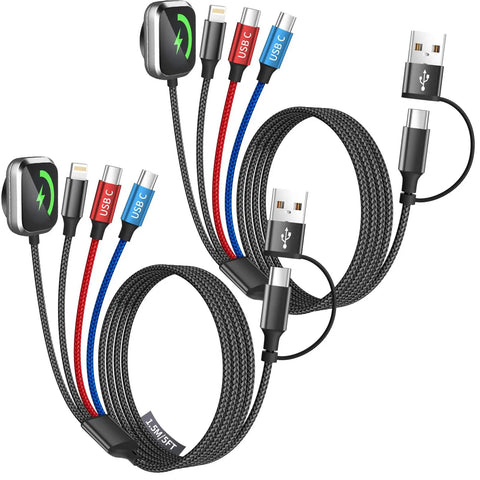 4 In 2 Dual USB C Charging Cable With USB A Inputs All In One Grab And Go Travel Charger For iPhone 17 iWatch Ultra SE 11 2 IP Galaxy S26 And More 5FT 2 Pack Cruise Ready Fast Charge Across 4 Devices showing two black cables with multiple connectors.