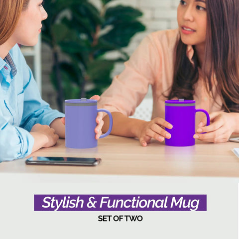 16 Oz Double Wall Insulated Desk Mug With Lid And Handle Set Of Two Bpa Free Reusable Plastic Spill Proof Cup in purple shade