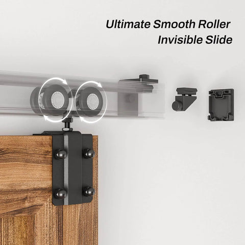 Close-up of 8Ft Box Rail Sliding Barn Door Hardware Kit Wall Mount Track System Built Tough Steel With Black Powder Coating.
