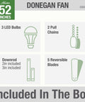 Package contents of Donegan Fresh White 52 Inch Ceiling Fan With LED Light Kit Pull Chain Quiet Multi Speed Reversible Motor