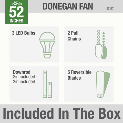 Package contents of Donegan Fresh White 52 Inch Ceiling Fan With LED Light Kit Pull Chain Quiet Multi Speed Reversible Motor