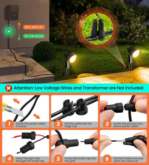 Low Voltage Landscape Lighting 12 To 24V 800 Lumens 7W Warm White 2700K IP66 setup guide with images of wiring and lights in garden.