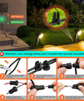 Diagram of Low Voltage LED Landscape Lights 12V 24V Waterproof IP66 Outdoor Spotlights 8 Pack 2700K with setup instructions.