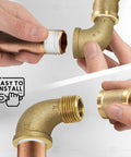 Front view of 1-inch brass street elbow with male/female NPT threads and taped copper pipe.