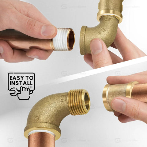 Front view of 1-inch brass street elbow with male/female NPT threads and taped copper pipe.