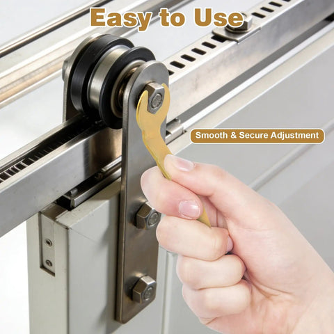 Slick Operation Pocket Door Wrench Kit Featuring A Solid Three Eighth Inch Pivot Adjustment Spanner For Quick Roller Fixes And No Sweat Room Divider Repairs That Run Like Butter, hand using wrench on roller.