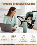 Woman using laptop beside Portable Breast Milk Cooler with 24 Hour Deep Freeze Tech, fresh green color, spill proof bottles.