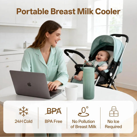Woman using laptop beside Portable Breast Milk Cooler with 24 Hour Deep Freeze Tech, fresh green color, spill proof bottles.