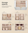5-Tier Jewelry Box Organizer With 4 Drawers Lockable Mirrored Case Cream White, showing storage compartments filled with jewelry and accessories.