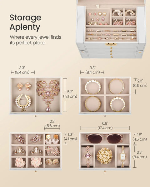 5-Tier Jewelry Box Organizer With 4 Drawers Lockable Mirrored Case Cream White, showing storage compartments filled with jewelry and accessories.